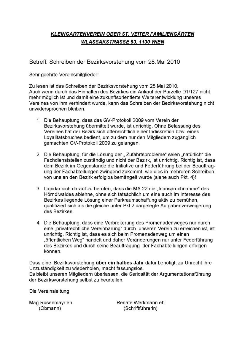 Aushang der Vereinsleitung zum Schreiben der Bezirksvorstehung betreffend Erweiterung des Promenadenweges vom 2010.05.28